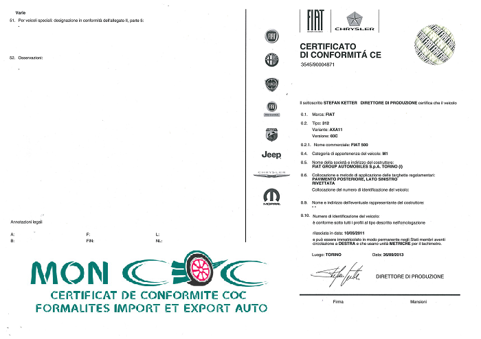 Certificat de conformité gratuit Fiat