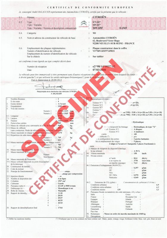 Certificat de conformité gratuit Citröen 