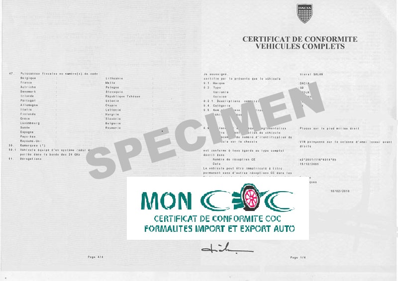 Certificat de conformité gratuit Dacia 