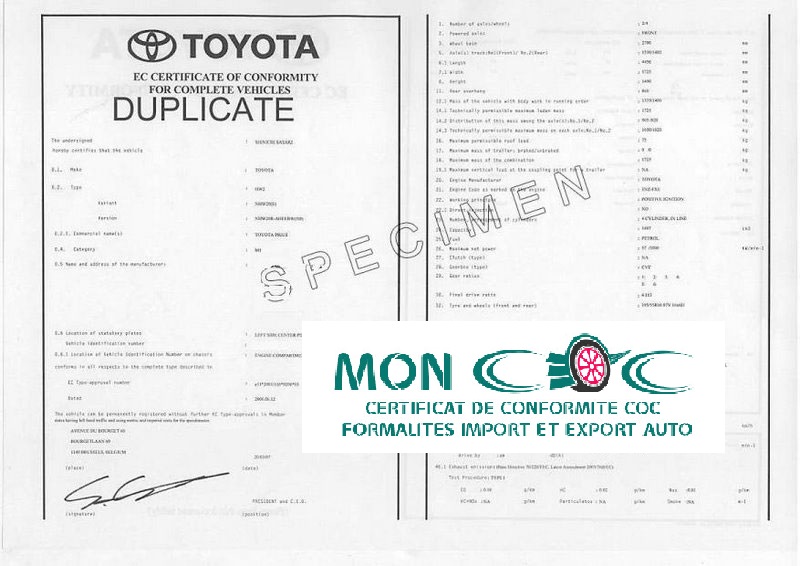 Certificat de conformité gratuit Toyota 