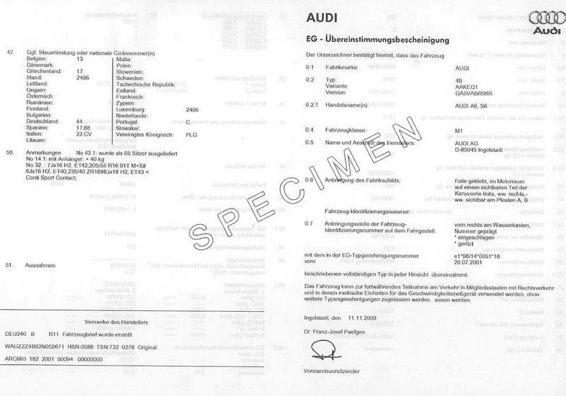 Certificat de conformité européen Audi