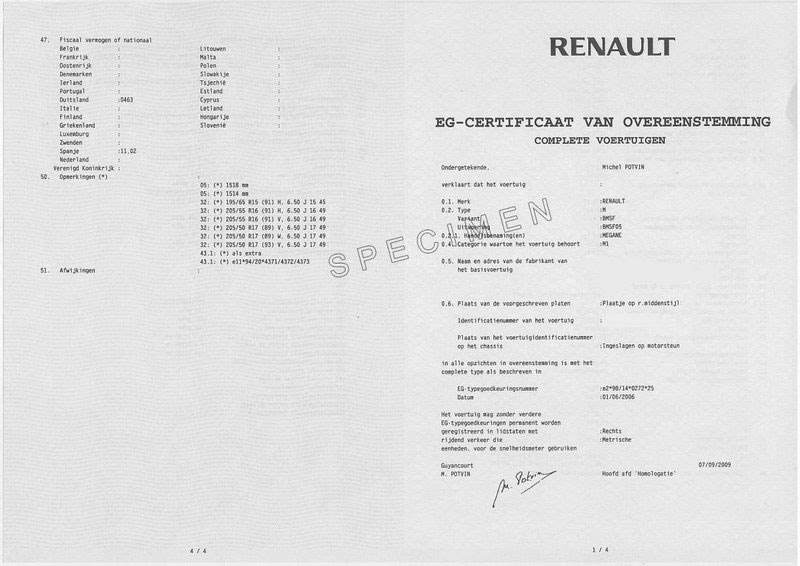 Certificat de conformité européen Renault