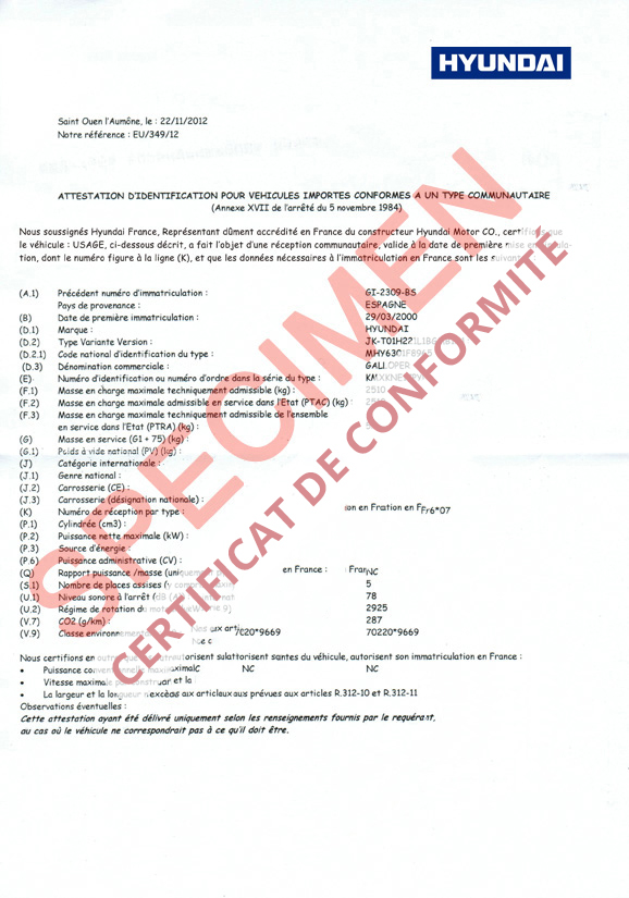 Certificat de conformité gratuit Hyundai 