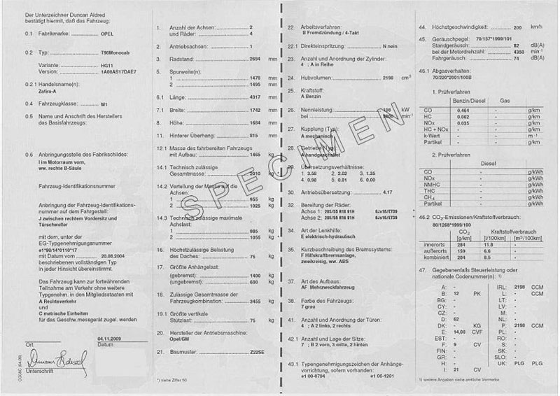 Certificat de conformité Européen Opel