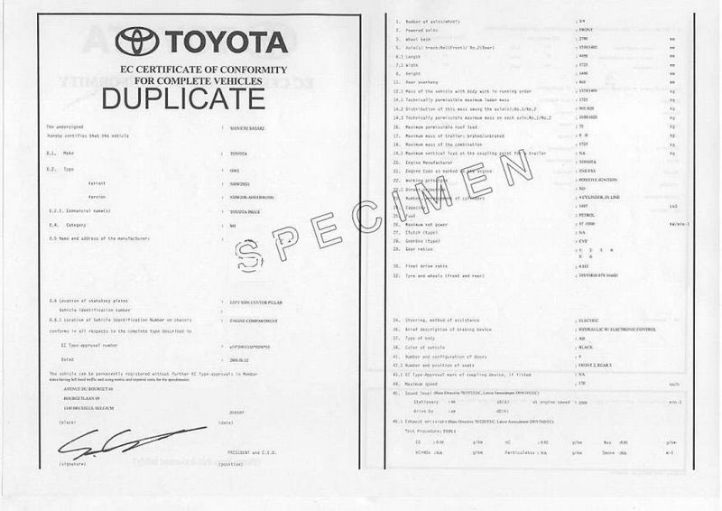 Certificat de conformité Européen Toyota