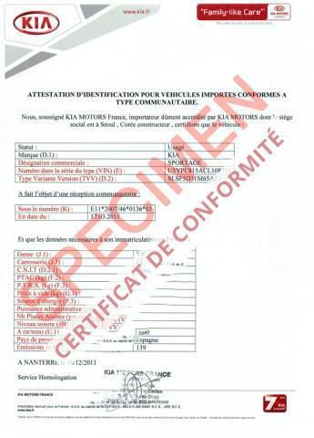 Obtenir le certificat de conformité Kia