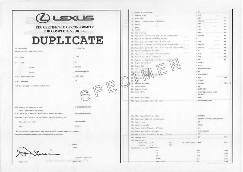 Obtenir le certificat de conformité Lexus
