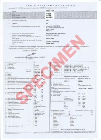 Exemple de Certificat COC Peugeot