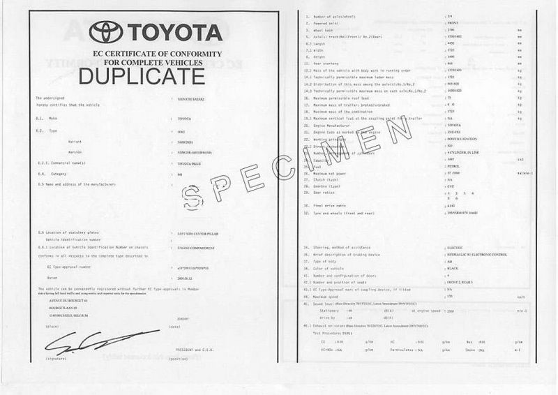 Certificat de Conformité européen Toyota
