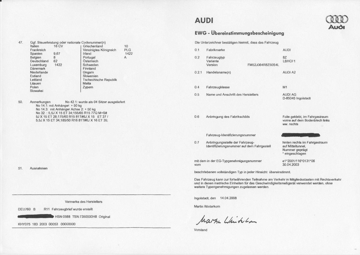 Utilité du certificat de conformité Audi